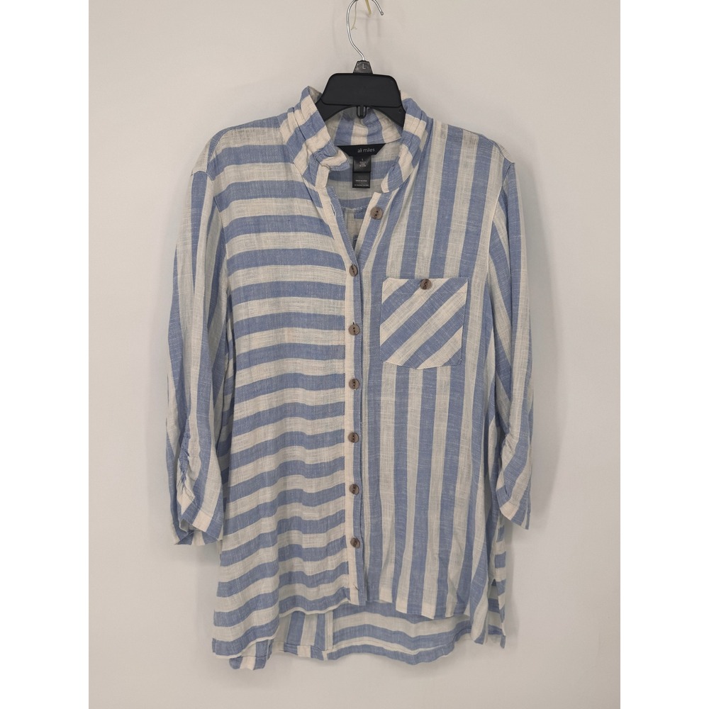 Ali Miles Button Down Women L Blue Striped 3/4 Sleeve Stand Collar High-Low Hem